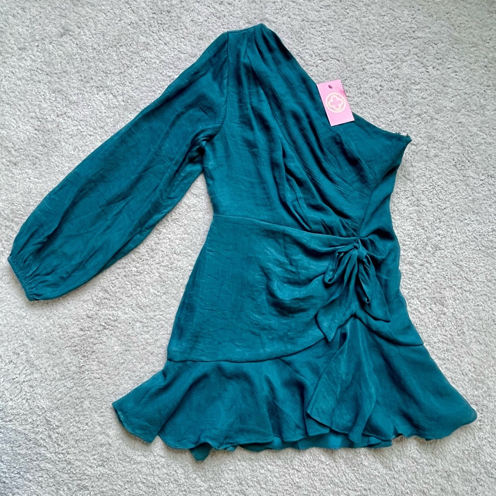Madison Teal One-Shoulder Dress with Ruffle Hem